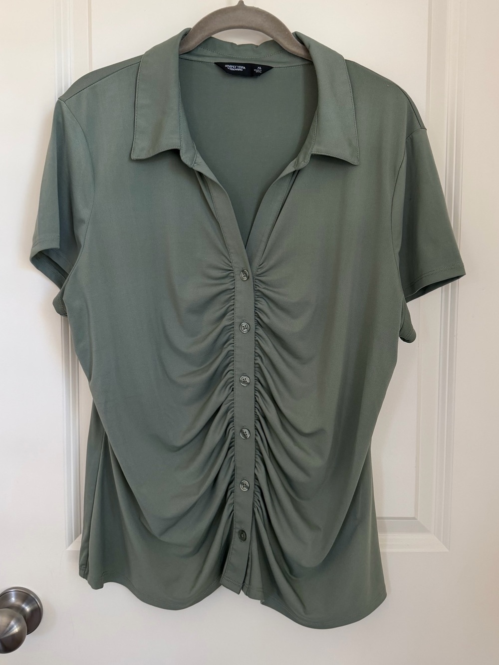 Simply Vera Vera Wang Olive Ruched Button-Front Short Sleeve Shirt